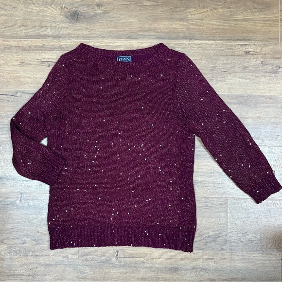 Chaps | Women's Red Wine Burgundy 3/4 Sleeve Sweater with Sequins Size Large - Picture 1 of 8